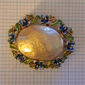 Vintage Floral Enamel Brooch with Large Iridescent Center